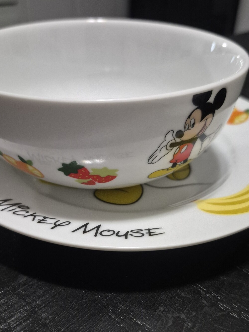 Disney Mickey Mouse White Ceramic Bowl and Saucer with Colorful Fruit Accents